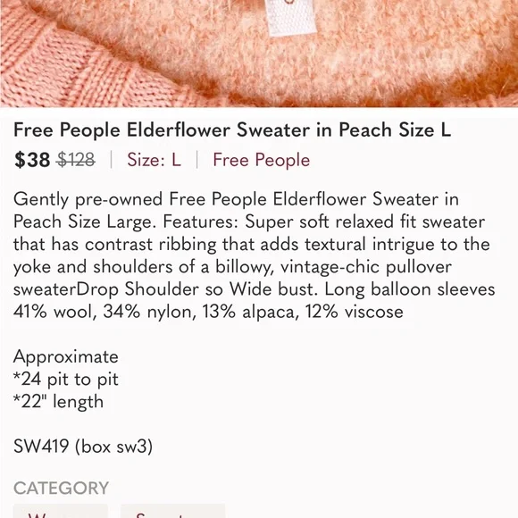 FREE PEOPLE • Elderflower Sweater Wool/Alpaca in Peach Size Large - Picture 6 of 15
